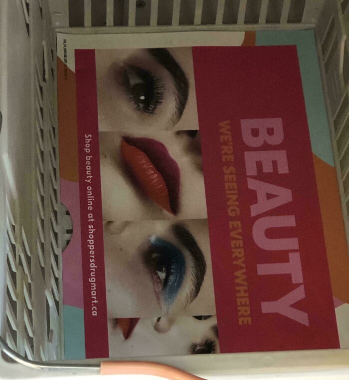A magazine ad featuring a woman's eyes and lips, a design fail where the eyes are misaligned.