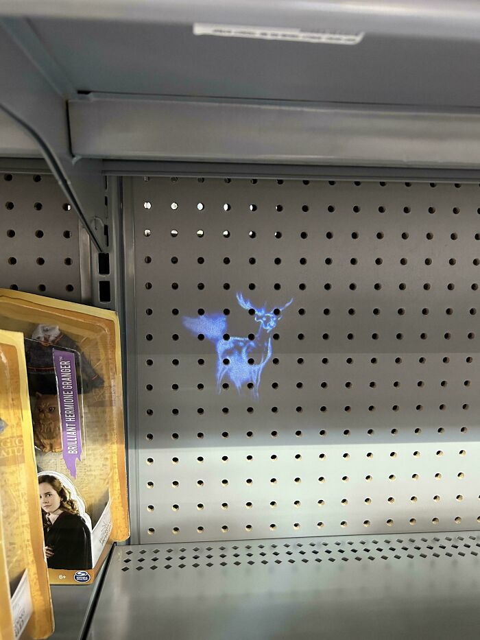 A glowing blue patronus design fail projected onto a store shelf with empty space and Harry Potter merchandise.
