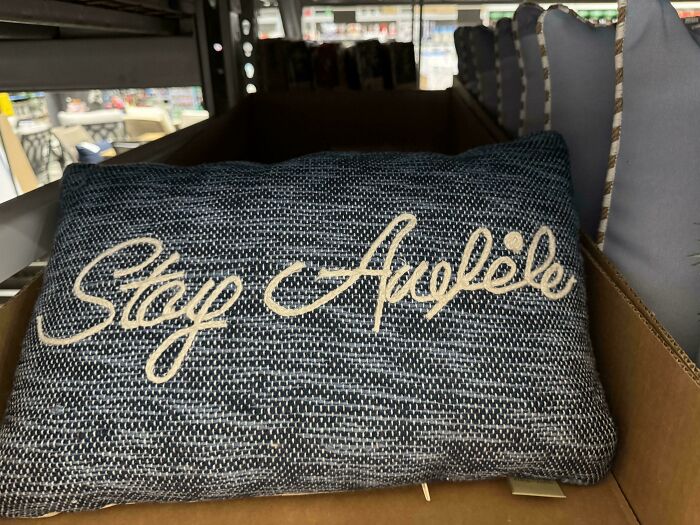 A throw pillow with a design fail, where the embroidered text looks like Stay Awhile.