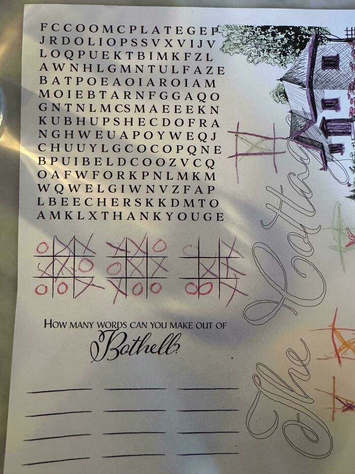 Hilariously unhinged design fail on a puzzle page with tic-tac-toe games played over each other and a jumbled word search.