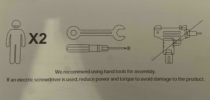 Assembly instructions showing tools like wrenches and screwdrivers, with a crossed-out machine gun, a design fail in humor.