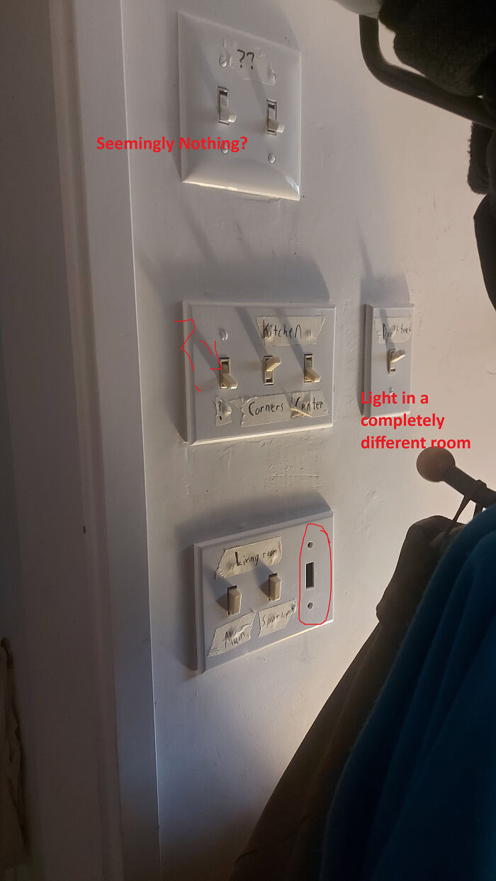 A confusing wall of light switches, a clear example of a design fail with unclear functions.