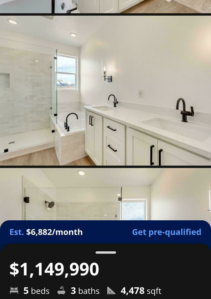 A modern bathroom with white cabinets, two sinks, a walk-in shower, and a bathtub, showing a screenshot of a real estate listing with design fails.