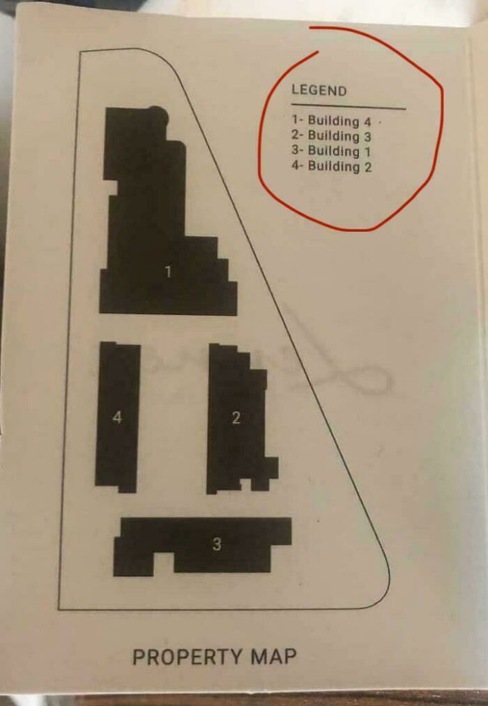 A hilariously unhinged design fail: a property map with a confusing legend where building numbers are mismatched, indicating a significant error.
