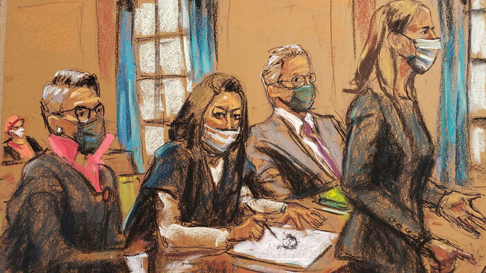 Courtroom sketch of masked individuals during a legal proceeding with main focus on seated woman