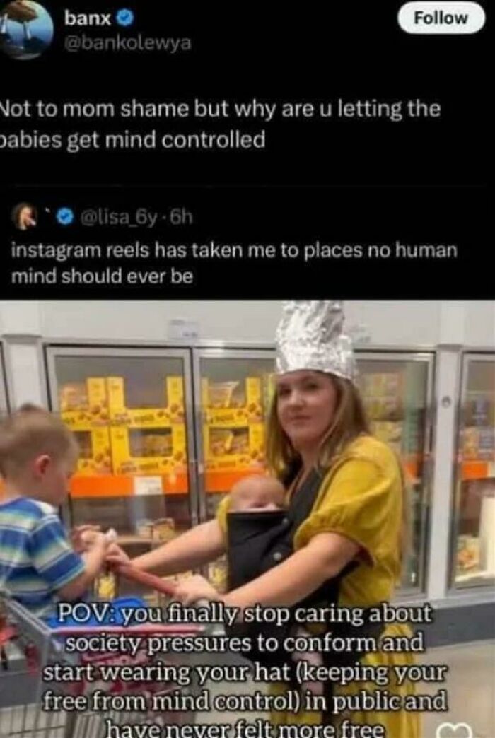 Woman wearing a tin foil hat and carrying a baby in a grocery store, illustrating unhinged sentences about mind control.