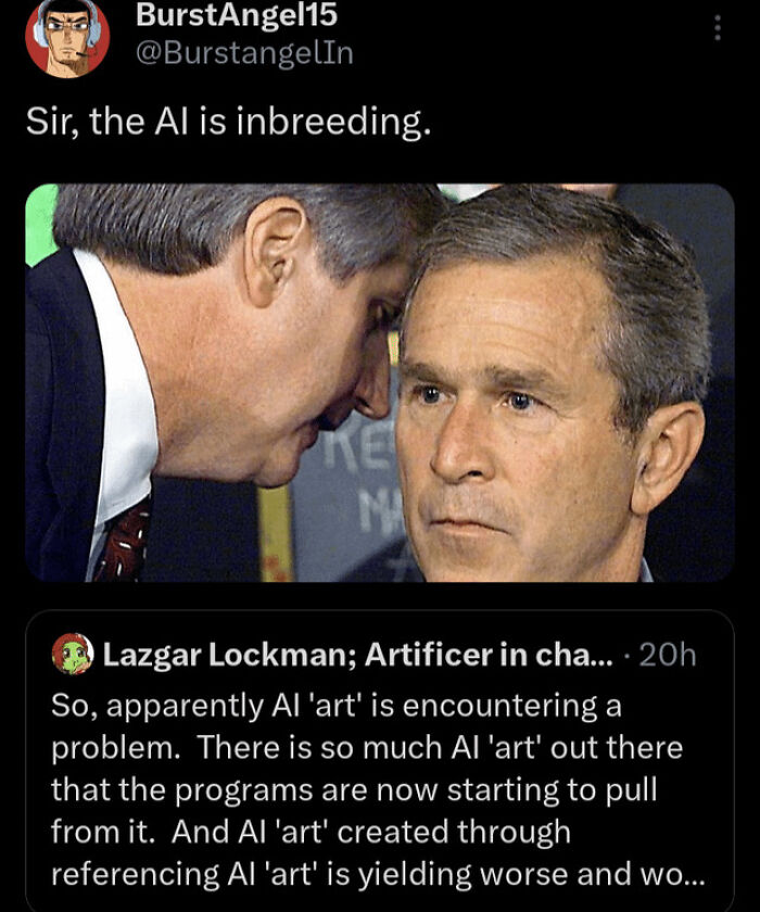 Meme showing a tweet about AI inbreeding and issues with AI art, part of unhinged sentences that left everyone speechless.