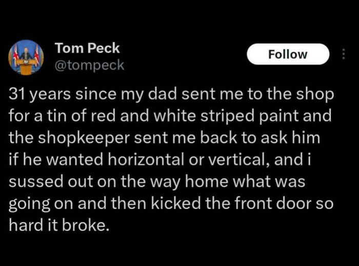 Tweet showing an unhinged sentence that left everyone speechless about a paint shop misunderstanding and a broken door.