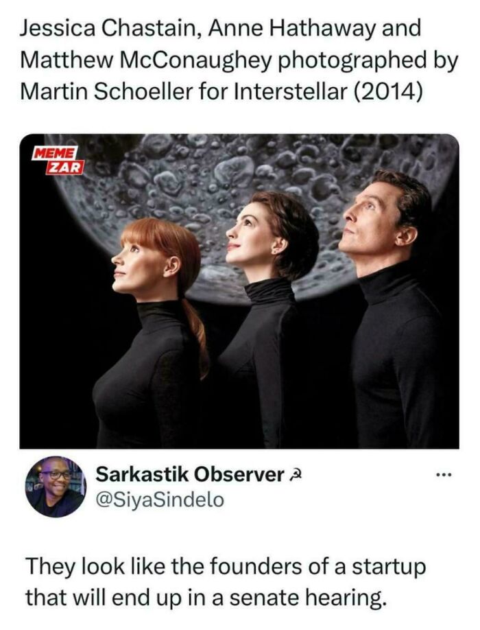Portrait of three actors in black turtlenecks posing against a large moon backdrop for unhinged sentences meme content.