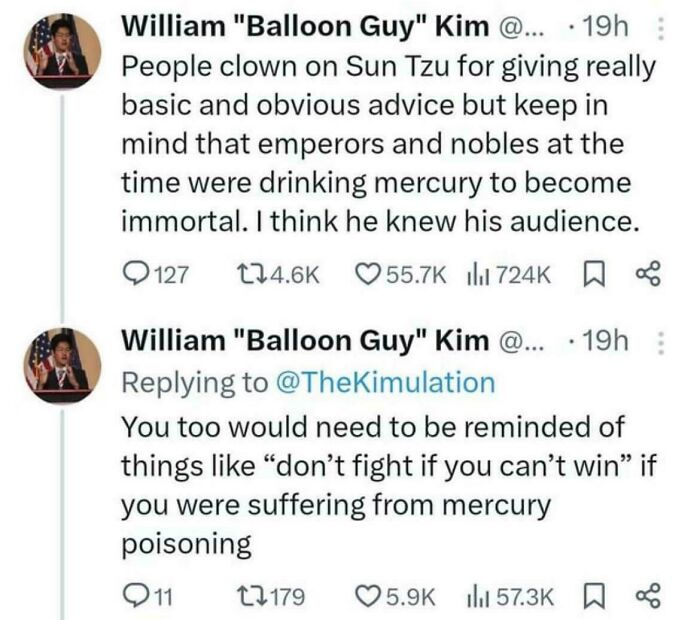 Screenshot of unhinged sentences on Twitter about Sun Tzu and mercury poisoning leaving everyone speechless.