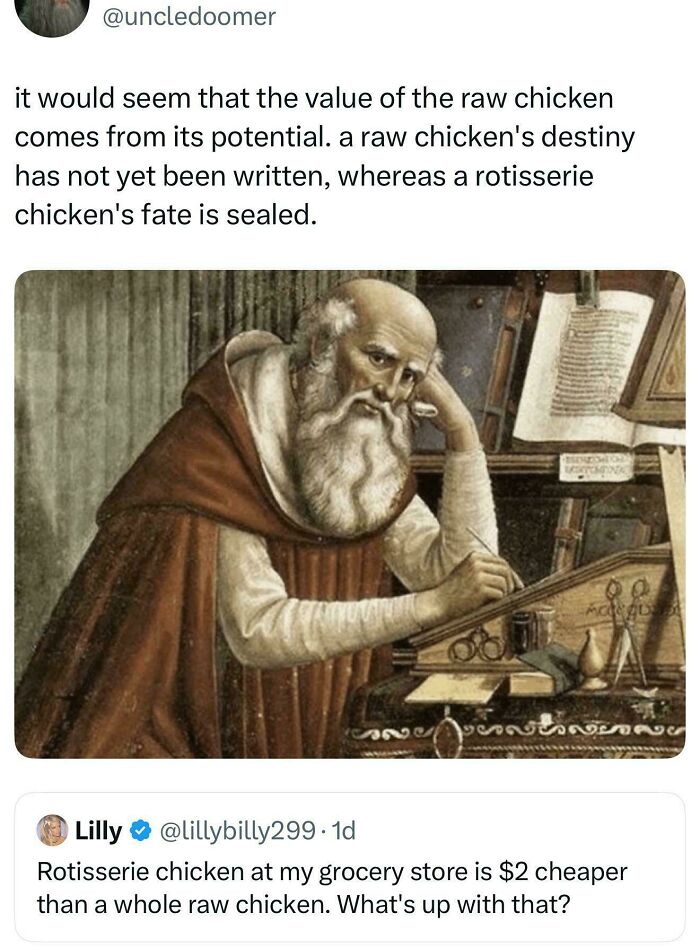 Meme featuring unhinged sentences about raw and rotisserie chicken, highlighting unexpected and humorous thoughts.
