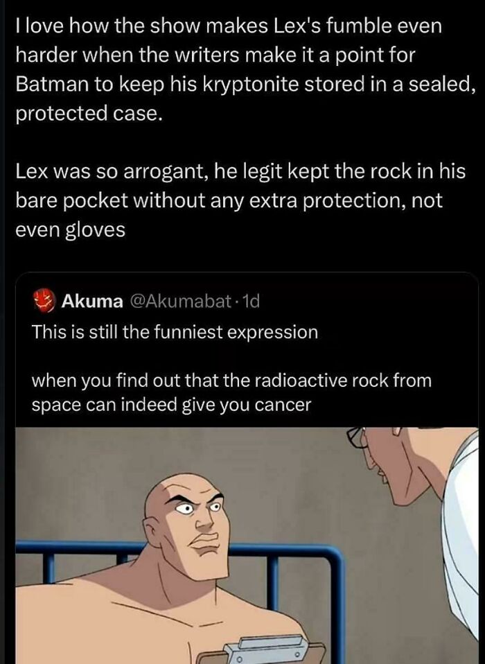 Alt text: Animated scene with a bald character showing an unhinged expression about a radioactive rock in a speech bubble.