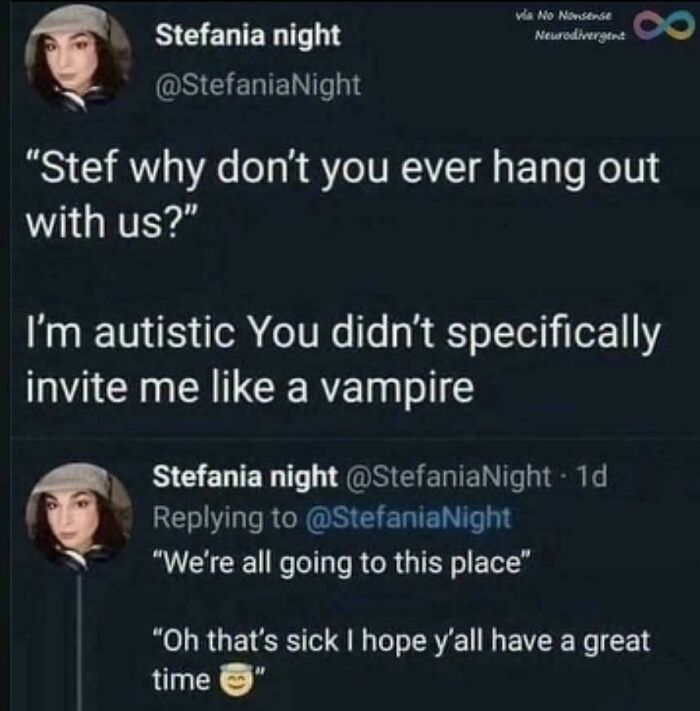Tweet showing unhinged sentences where autism and vampire invitation are humorously linked in unexpected conversation.