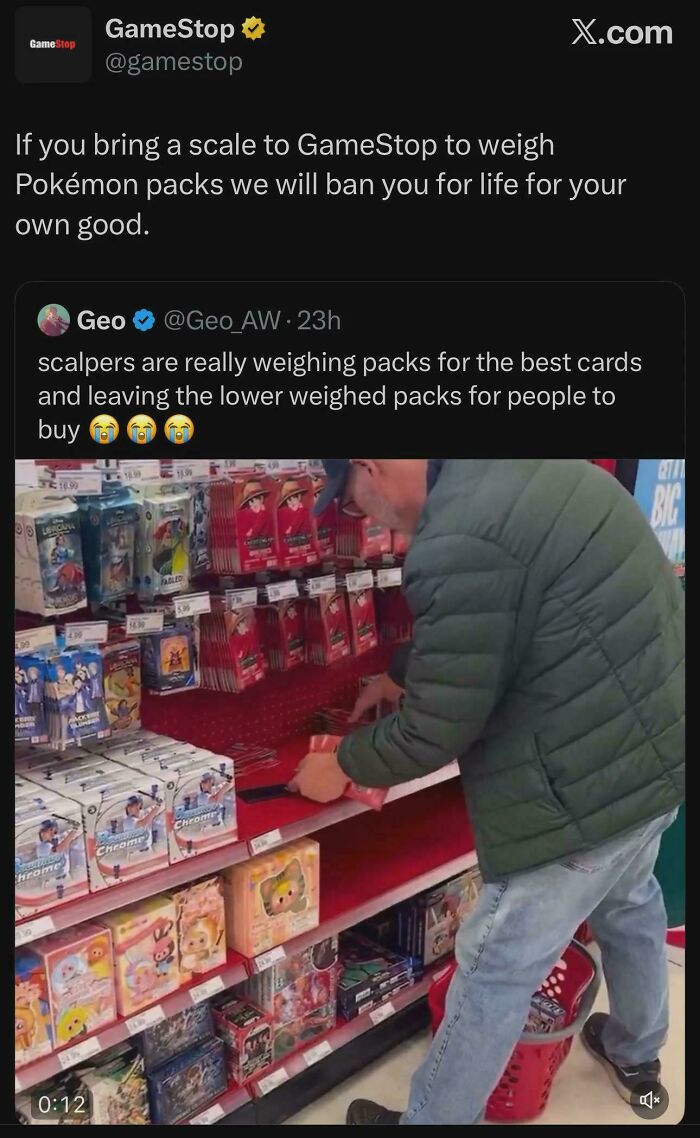 Man in green jacket selecting Pokémon card packs at GameStop, illustrating unhinged sentences about weighing packs.