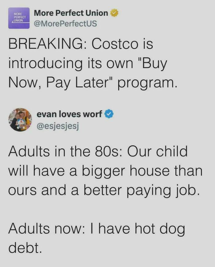 Screenshot of unhinged sentences showing a humorous comparison of adult expectations from the 80s versus now, highlighting debt struggles.