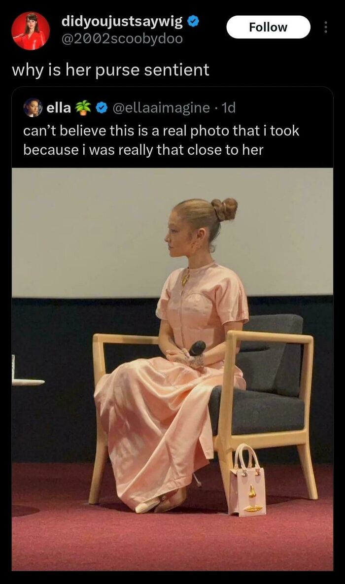 Woman in a pink dress sitting on a chair with a matching purse beside her, an unhinged sentence caption displayed above.