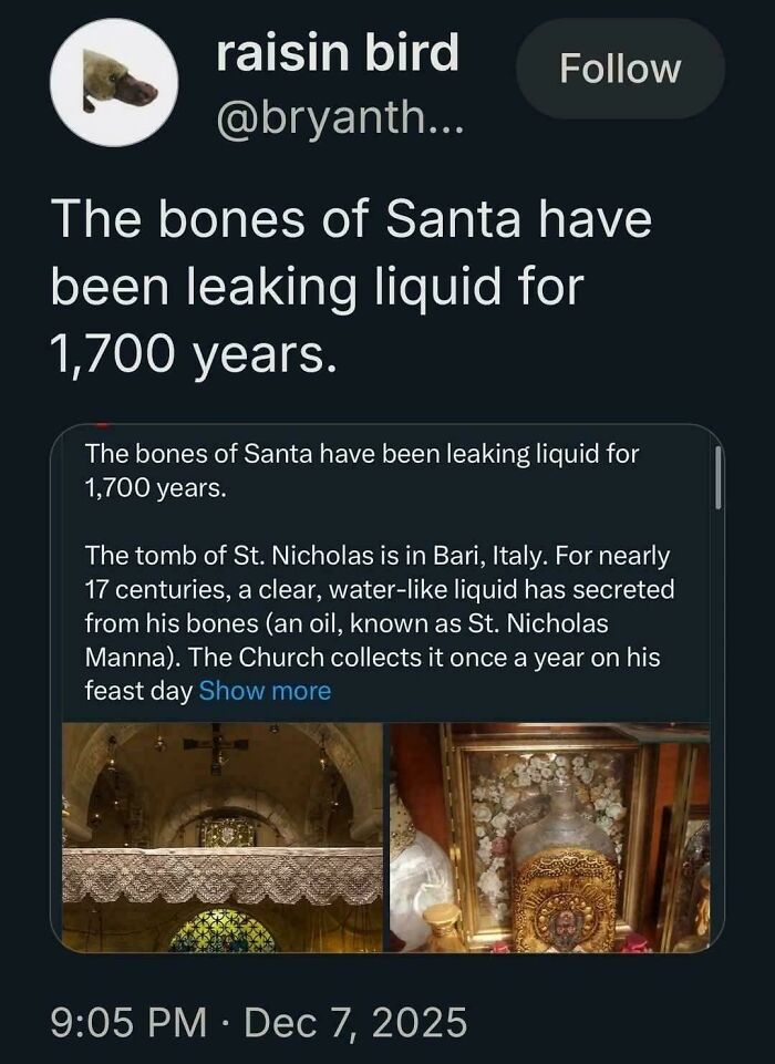 Screenshot of a tweet about unhinged sentences referencing Santa’s bones leaking liquid for 1,700 years.
