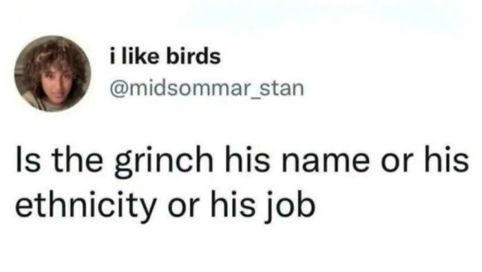 Social media post with an unhinged sentence questioning if Grinch is a name, ethnicity, or job, sparking speechless reactions.