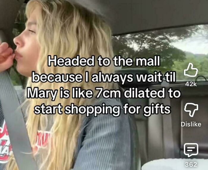 Young woman in a car with text about unhinged sentences related to unusual timing for shopping for gifts.