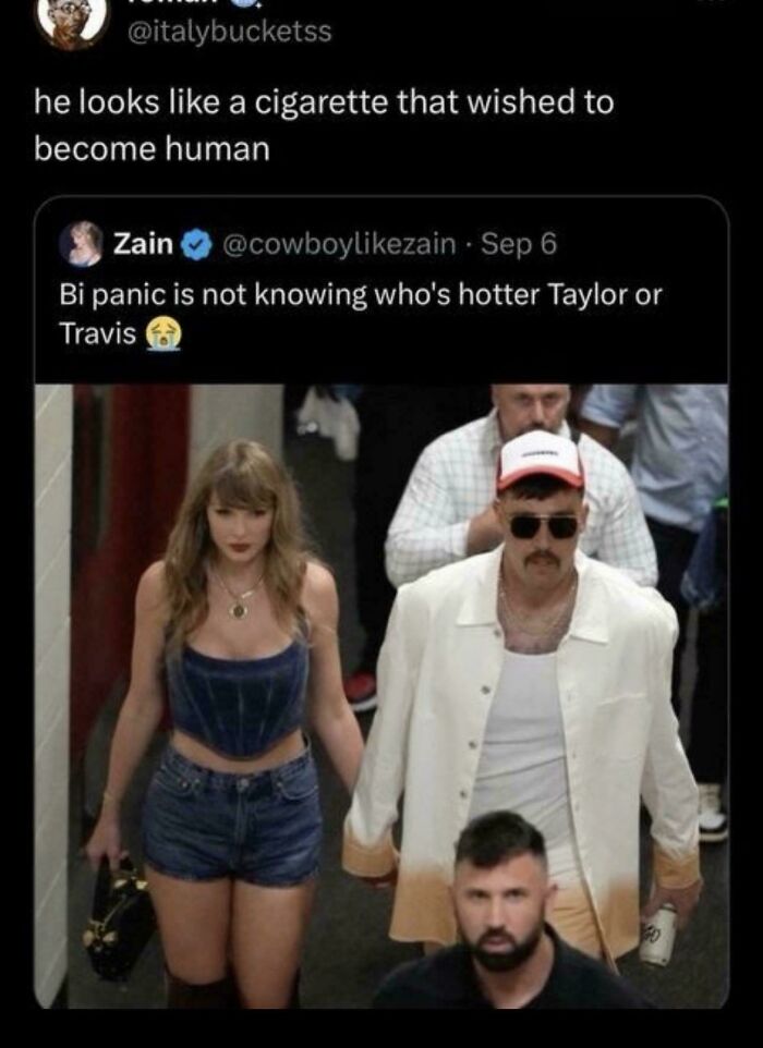 Screenshot of unhinged sentences on social media discussing Taylor Swift and Travis in a humorous context.