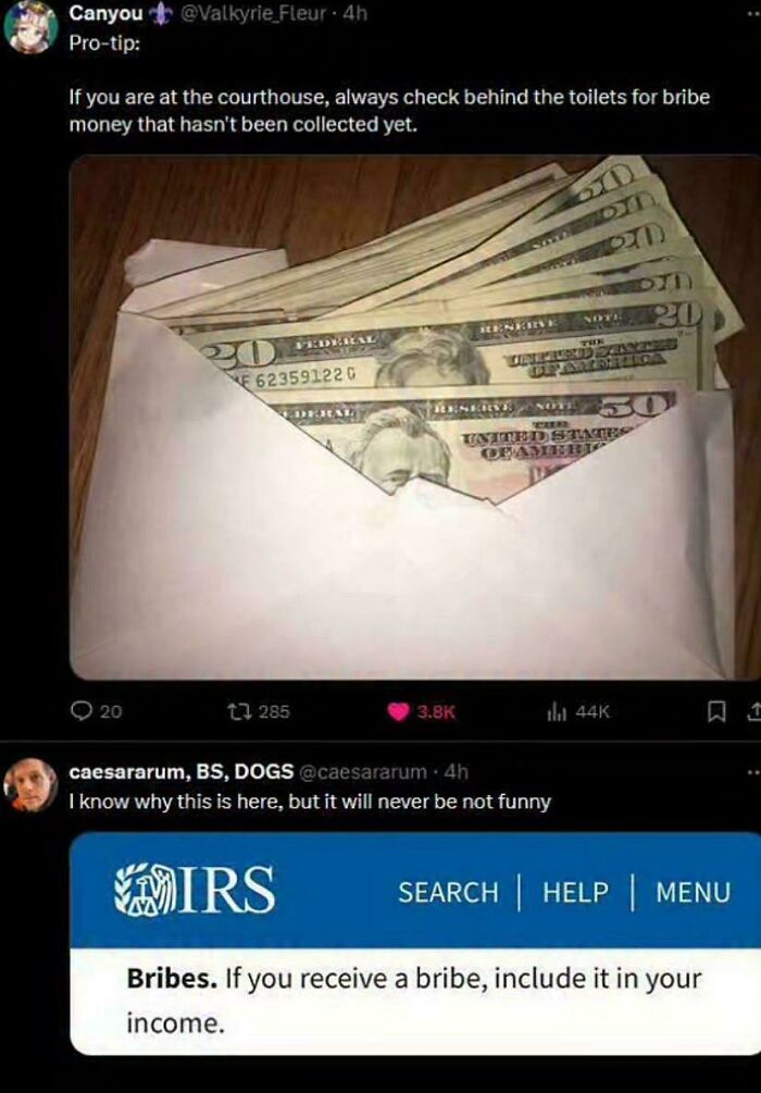 Envelope filled with cash illustrating unhinged sentences involving bribes that came out of nowhere and shocked everyone.