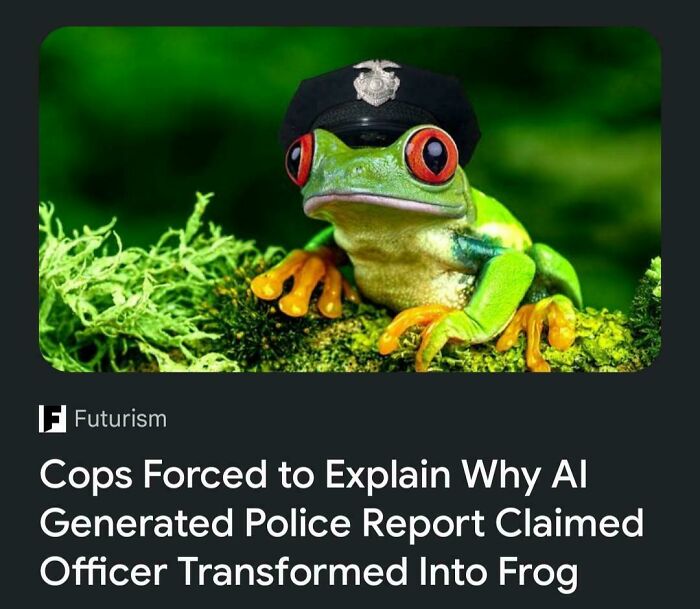 Colorful frog wearing police hat on mossy branch, illustrating unhinged sentences that left everyone speechless.
