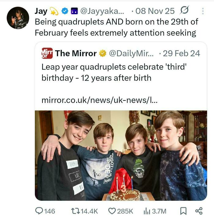 Four leap year quadruplets smiling around a birthday cake, illustrating unhinged sentences that leave everyone speechless.