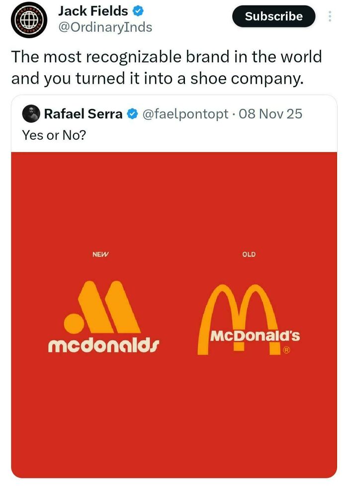 Tweet comparing new and old McDonald's logos with a funny sentence that left everyone speechless and confused.