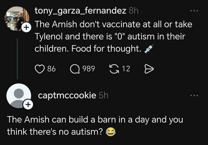 Screenshot of social media comments with unhinged sentences about the Amish and autism, sparking speechless reactions online.