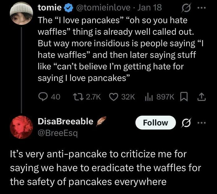 Twitter conversation about pancakes and waffles, featuring unhinged sentences that left everyone speechless.