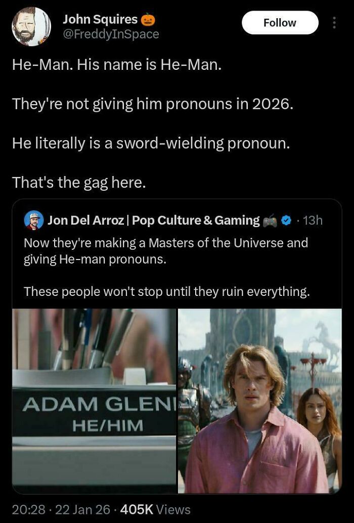 Screenshot of a Twitter exchange about unhinged sentences regarding He-Man pronouns in 2026 with a movie scene.