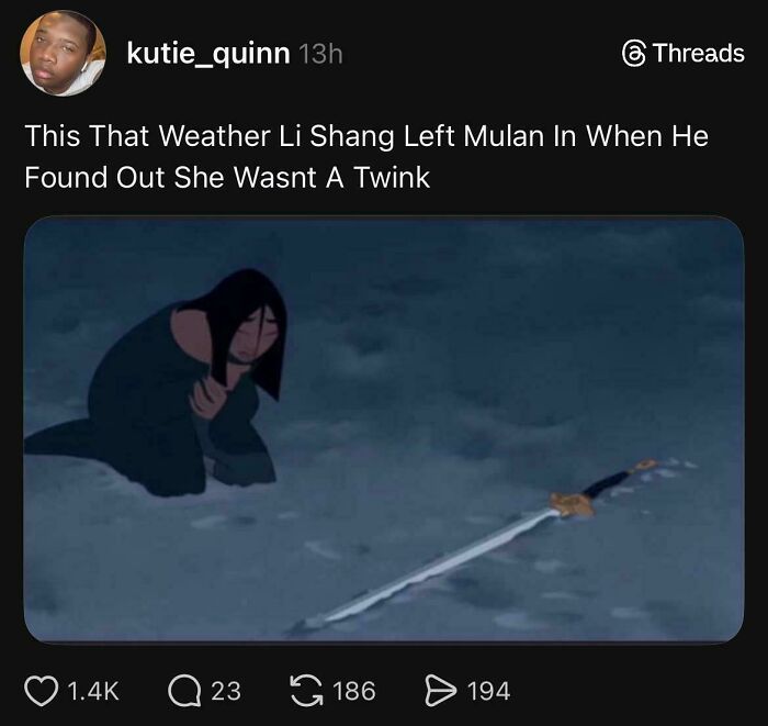 Screenshot of a humorous social media post showing an unhinged sentence with a Mulan scene that left everyone speechless.