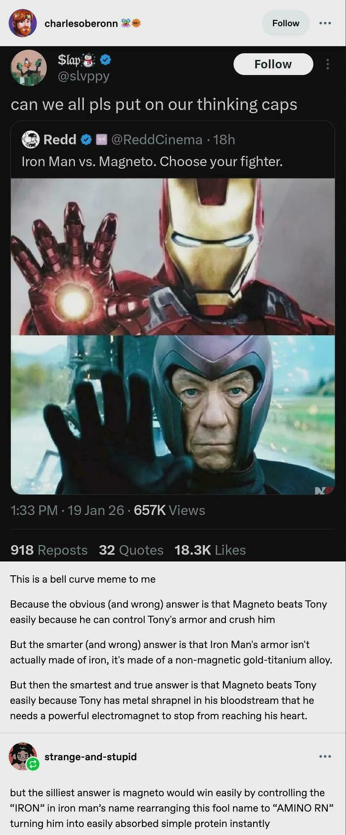 Screenshot of a social media debate meme about Iron Man vs Magneto, featuring unhinged sentences that surprised viewers.