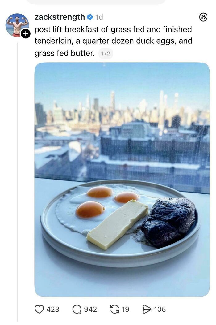 Plate with three duck eggs, a block of grass fed butter, and a piece of cooked tenderloin by a city window.