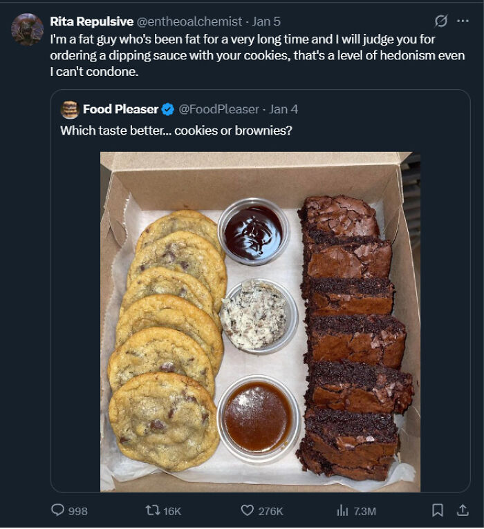 Box of chocolate chip cookies and brownies with three dipping sauces, paired with unhinged sentences that left everyone speechless