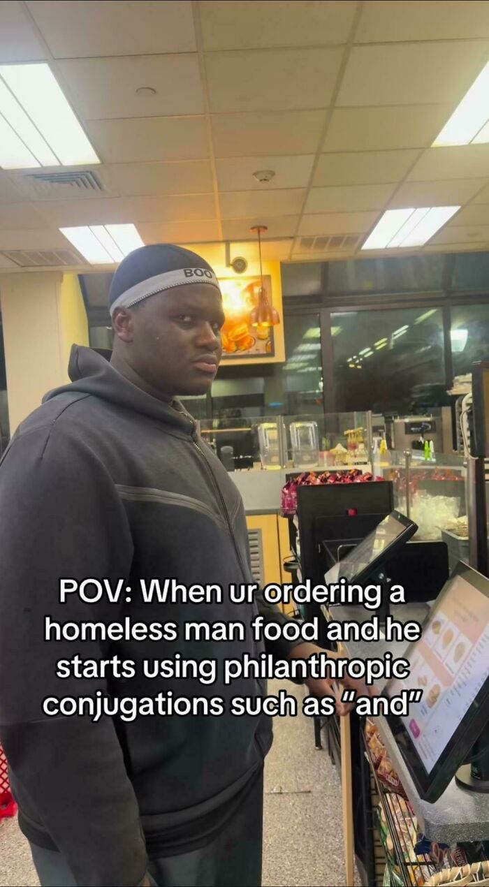 Young man in a fast food restaurant looking skeptical, representing unhinged sentences that leave everyone speechless.