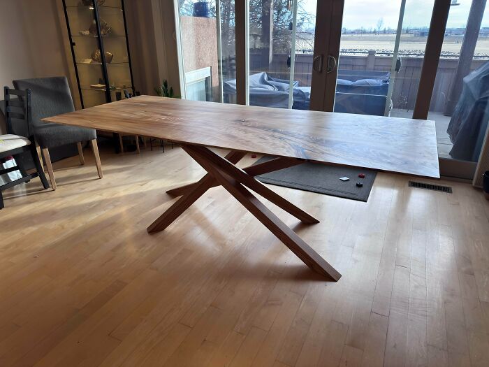 Dining Table Inspired By Blacktail Studio. Top Is A Cottonwood Slab With A 15 Degree Chamfer And 1/4” Roundover, Base Is Solid Ash