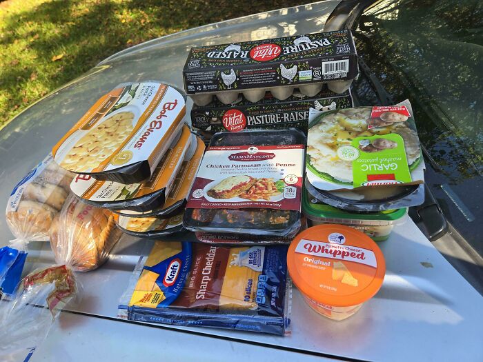 Assortment of packaged food items including eggs, prepared meals, and cheese, all found while dumpster diving.