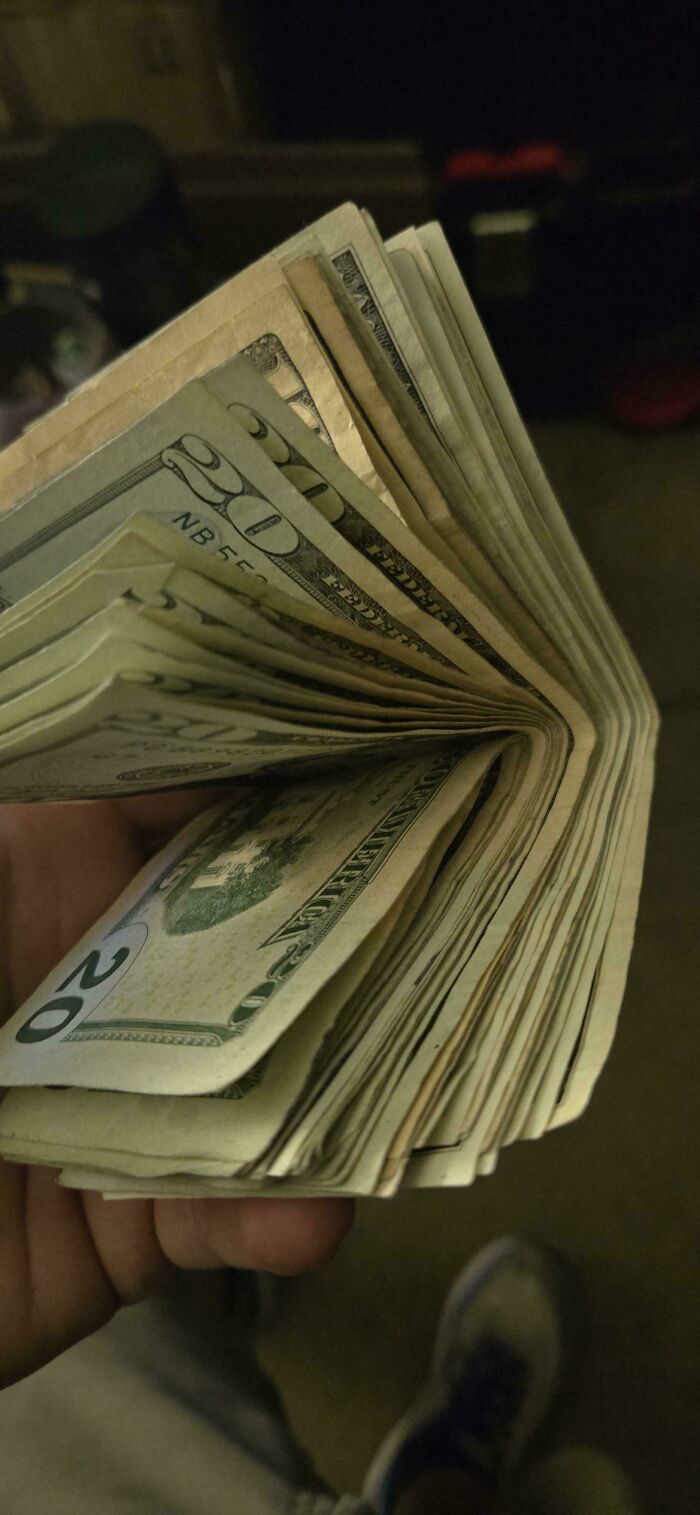Hand holding a fanned stack of twenty-dollar bills, a lucky dumpster diving find, showing the money clearly.