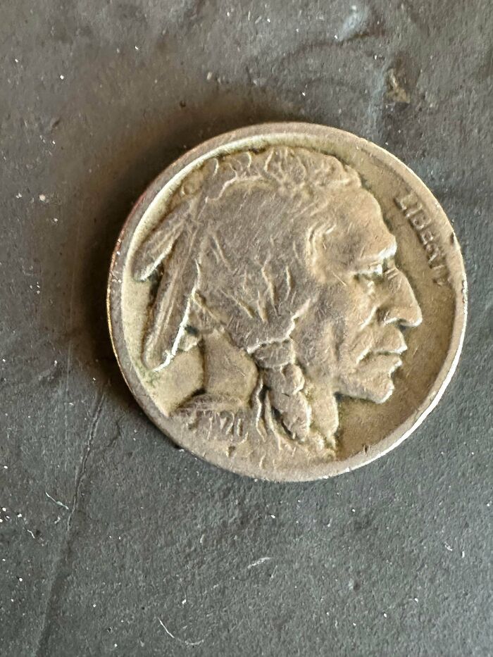 A close-up of an old, tarnished Buffalo nickel coin, a lucky find from dumpster diving.