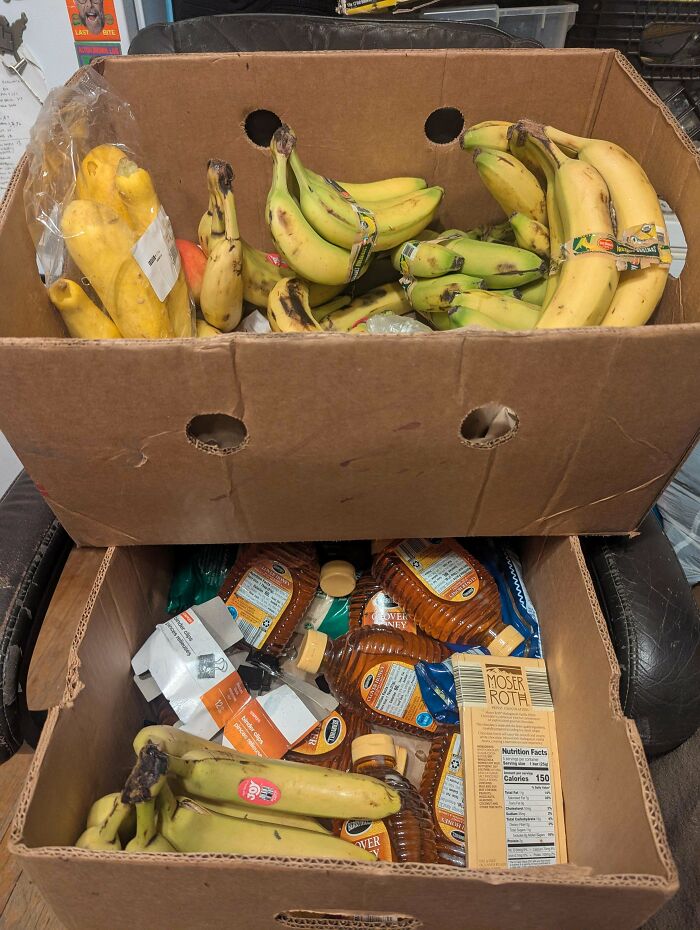 A bounty of bananas and honey in cardboard boxes, a lucky find while dumpster diving.
