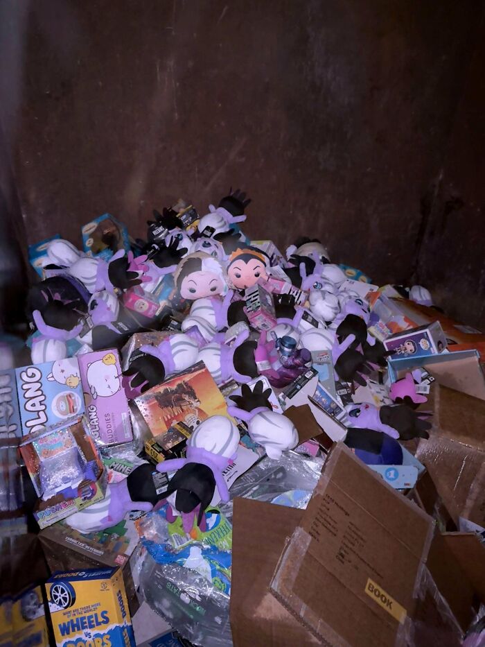 A large pile of plush toys and boxed items filling a dumpster, a jackpot for dumpster diving.
