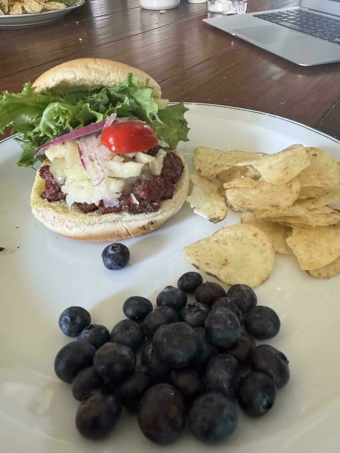 A plate with a burger, potato chips, and blueberries, a lucky meal after a successful dumpster diving adventure.