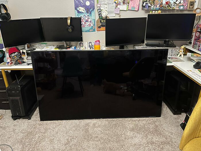 A huge flat-screen TV on the floor in a room with multiple computer monitors, a great dumpster diving score.