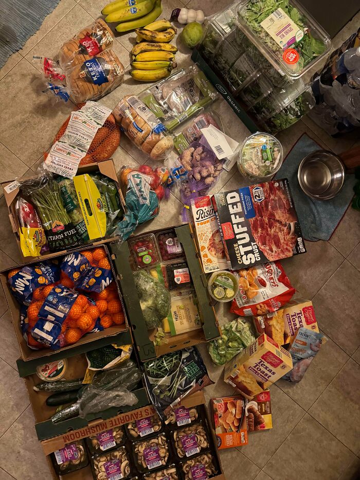 A large haul of groceries, including fruit, vegetables, and frozen pizzas, from a successful dumpster diving trip.