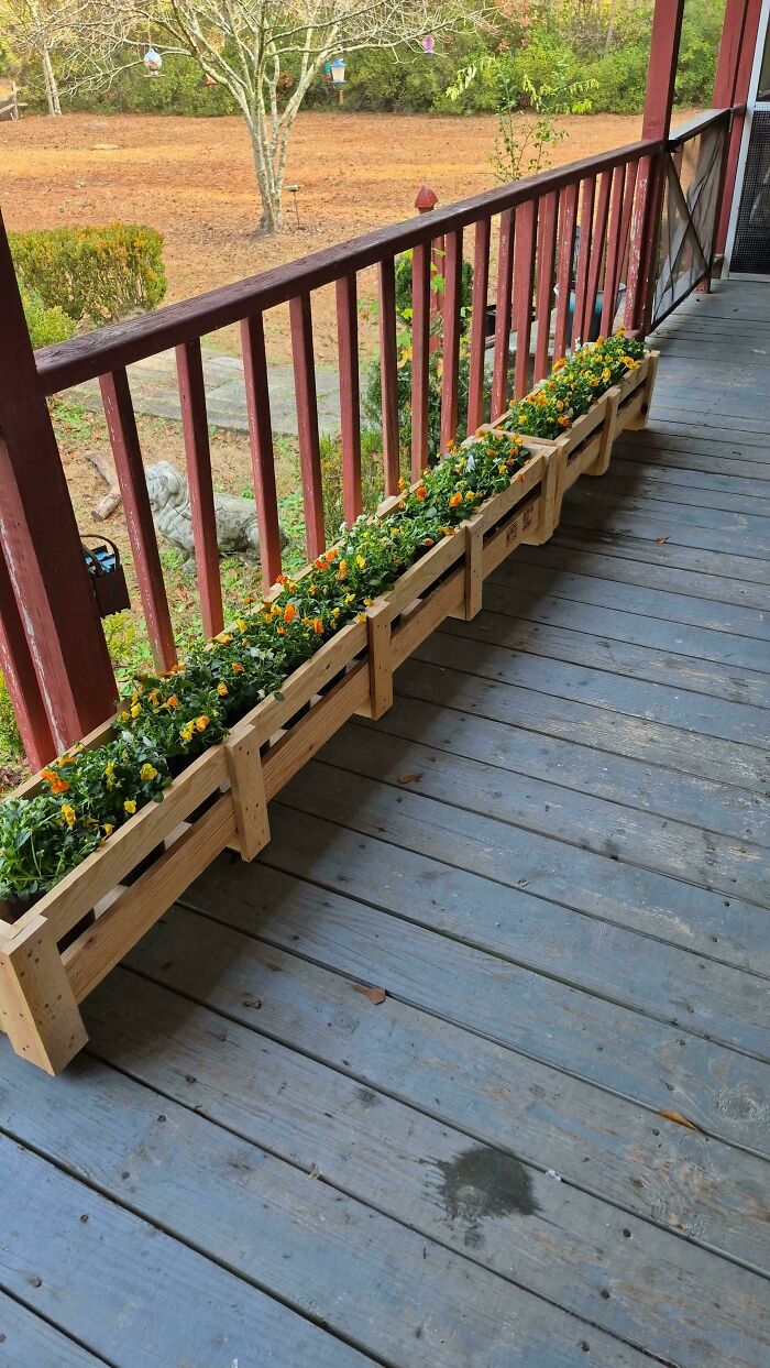 Long wooden planters filled with yellow and orange flowers on a porch, a lucky find while dumpster diving.