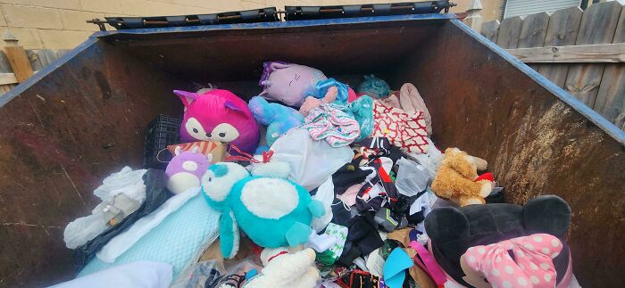 A dumpster filled with a bounty of plush toys and other items, a treasure trove for people dumpster diving.