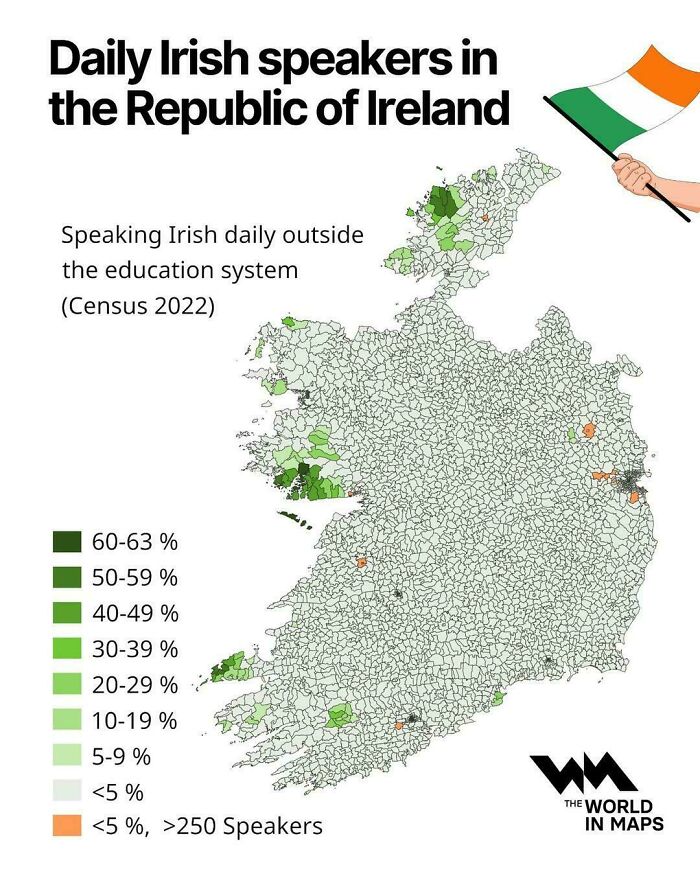 Interesting maps of Ireland showing the percentage of daily Irish speakers by region.