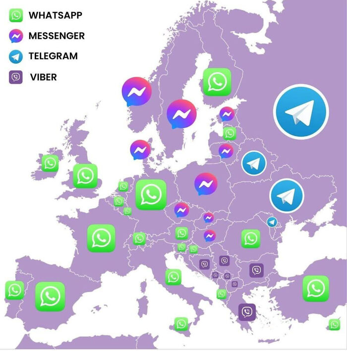 Interesting maps of Europe showing the most popular messaging apps by country.