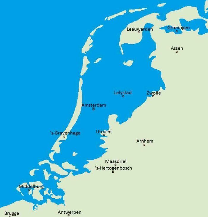 An interesting maps visual showing a hypothetical flooded Netherlands without its dykes.